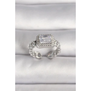 Dodes Dodes Pirinç Gümüş Renk Ayarlanabilir Zincir Kare Zirkon Taşlı Kadın Yüzük TG27BYK3583