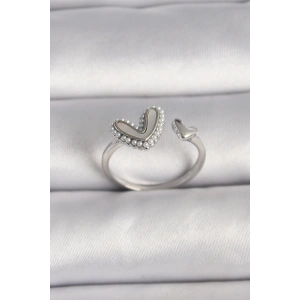 Dodes Dodes Pirinç Gümüş Renk Beyaz Mineli İnci Detaylı Kalp Model Ayarlanabilir Yüzük TG27BYK3536