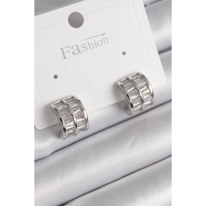 Dodes Dodes Pirinç Gümüş Renk Çift Sıra Zirkon Taşlı Kadın Küpe TG27BKP9755