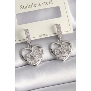 Dodes Dodes Pirinç Gümüş Renk Kalp Model Zirkon Taşlı Ay Yıldız İşlemeli Kadın Küpe TG27BKP9738