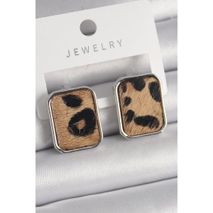 Dodes Dodes Pirinç Gümüş Renk Leopar Desenli Kare Model Kadın Küpe TG27BKP9888