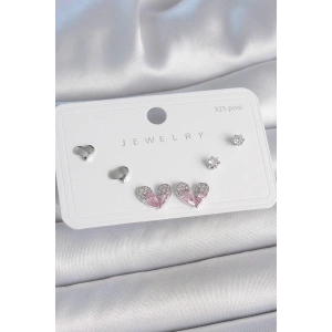 Dodes Dodes Pirinç Gümüş Renk Pembe Zirkon Taşlı Kalp Model 925 Ayar Gümüş Çivi Kadın Küpe Seti TG27BKP10493