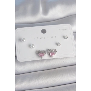Dodes Dodes Pirinç Gümüş Renk Pembe Zirkon Taşlı Kalp Model İnci Detay 925 Ayar Gümüş Çivi Kadın Küpe Seti TG27BKP10489