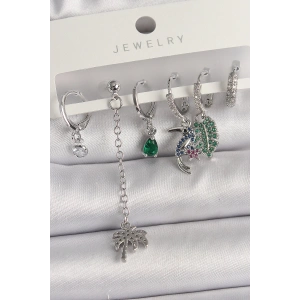 Dodes Dodes Pirinç Gümüş Renk Sallantı Zirkon Taşlı Ağaç Figür Çoklu Kadın Küpe Seti TG27BKP10119