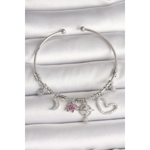 Dodes Dodes Pirinç Gümüş Renk Sallantı Zirkon Taşlı Gezegen Figür Kalp Detay Charm Kadın Bileklik TG27BB6899