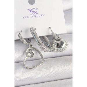 Dodes Dodes Pirinç Gümüş Renk Sallantı Zirkon Taşlı Kalp Model 3Lü Kadın Kombin Küpe TG27BKP10442