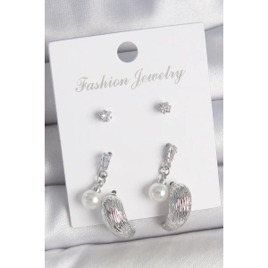 Dodes Dodes Pirinç Gümüş Renk Sallantılı Zirkon Taşlı Damla Model 3 Çift Kadın Küpe Seti TG27BKP10593