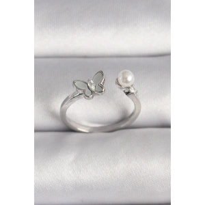 Dodes Dodes Pirinç Gümüş Renk Zirkon Taş Detaylı Beyaz Mineli Kelebek Figür İnci Detay Ayarlanabilir Yüzük TG27BYK3524