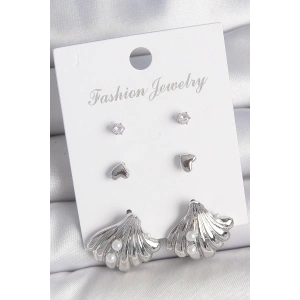 Dodes Dodes Pirinç Gümüş Renk Zirkon Taş Detaylı İnci Detaylı Deniz Kabuğu Model 3 Çift Kadın Küpe TG27BKP10599