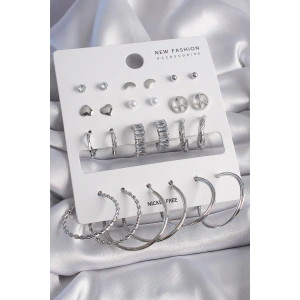 Dodes Dodes Pirinç Gümüş Renk Zirkon Taşlı 12 Çift Kadın Küpe Seti TG27BKP9682