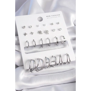 Dodes Dodes Pirinç Gümüş Renk Zirkon Taşlı 12 Çift Küpe Seti TG27BKP9681