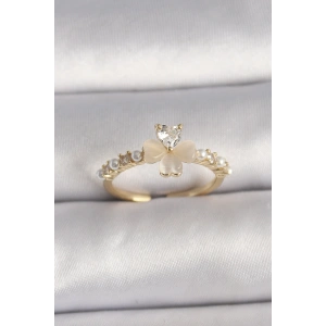 Dodes Dodes Pirinç Gümüş Renk Zirkon Taşlı Beyaz Mineli Yonca Model İnci Detay Ayarlanabilir Yüzük TG27BYK3551