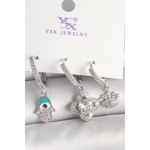 Dodes Dodes Pirinç Gümüş Renk Zirkon Taşlı Fatma Ana Yonca Figür Göz Detay 3Lü Kadın Kombin Küpe TG27BKP10450