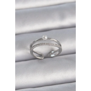 Dodes Dodes Pirinç Gümüş Renk Zirkon Taşlı İnci Detay Ayarlanabilir Model Kadın Yüzük TG27BYK3371