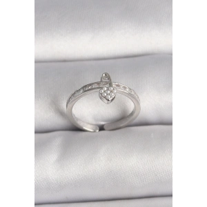 Dodes Dodes Pirinç Gümüş Renk Zirkon Taşlı İnci Detaylı Kilit Kalp Model Ayarlanabilir Yüzük TG27BYK3538