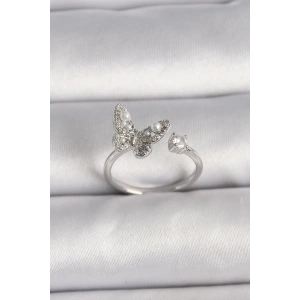 Dodes Dodes Pirinç Gümüş Renk Zirkon Taşlı Kelebek Model İnci Detay Ayarlanabilir Yüzük TG27BYK3534