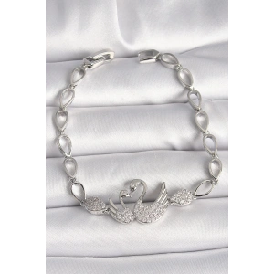 Dodes Dodes Pirinç Gümüş Renk Zirkon Taşlı Kuğu Figür Damla Zincir Model Kadın Bileklik TG27BB6850
