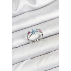 Dodes Dodes Pirinç Gümüş Renk Zirkon Taşlı Mavi Çiçekli Kadın Yüzük TG27BYK3835