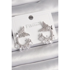 Dodes Dodes Pirinç Gümüş Renk Zirkon Taşlı Sallantı Detay Kelebek Model Kadın Küpe TG27BKP9902