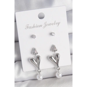 Dodes Dodes Pirinç Gümüş Renk Zirkon Taşlı Sallantılı Kalp Model 3 Çift Kadın Küpe Seti TG27BKP10592