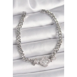 Dodes Dodes Pirinç Gümüş Renk Zirkon Taşlı Yonca Figür Zincir Model Kadın Bileklik TG27BB6819