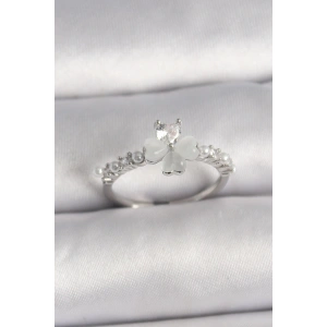 Dodes Dodes Pirinç Gümüş Renk Zirkon Taşlı Yonca Model İnci Detay Ayarlanabilir Yüzük TG27BYK3552