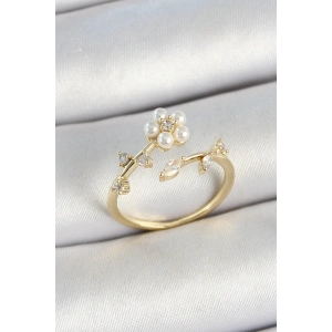 Dodes Dodes Pirinç İnci Detaylı Papatya Figürlü Zirkon Taşlı Gold Renk Ayarlanabilir Kadın Yüzük TG27BYK3770