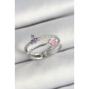 Dodes Dodes Pirinç Kalp Ve Çiçek Figürlü Zirkon Taşlı Gümüş Renk Ayarlanabilir Kadın Yüzük TG27BYK3775