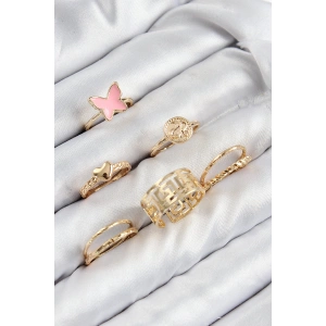 Dodes Dodes Pirinç Kelebek Ve Kalp Model Gold Renk Kadın Yüzük Kombin Set TG27BYK3817