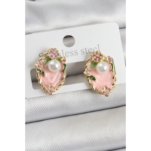 Dodes Dodes Pirinç Pembe Mineli İnci Detaylı Sanatsal Portre Model Gold Renk Kadın Küpe TG27BKP10690