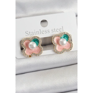 Dodes Dodes Pirinç Pembe Mineli İnci Detaylı Zirkon Taşlı Sanatsal Portre Yonca Model Gold Renk Kadın Küpe TG27BKP10682