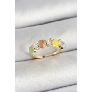 Dodes Dodes Pirinç Sıralı Kalp Figürlü Zirkon Taşlı Gold Renk Ayarlanabilir Kadın Yüzük TG27BYK3756