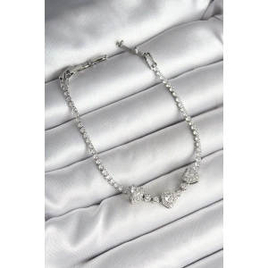 Dodes Dodes Pirinç Sıralı Kalp Figürlü Zirkon Taşlı Gümüş Renk Kadın Bileklik TG27BB6980