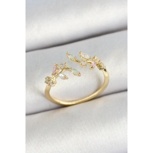 Dodes Dodes Pirinç Yaprak Figürlü Zirkon Taşlı Gold Renk Ayarlanabilir Kadın Yüzük TG27BYK3768