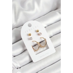 Dodes Dodes Pirinç Zirkon Taş Ve Halka Figürlü Gold Renk 3lü Çift Kadın Küpe Set TG27BKP10652