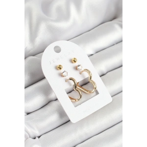 Dodes Dodes Pirinç Zirkon Taş Ve Kalp Figürlü Gold Renk 3lü Çift Kadın Küpe Set TG27BKP10650
