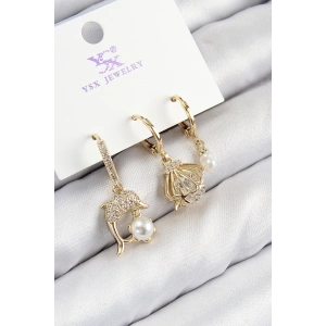 Dodes Dodes Pirinç Zirkon Taşlı 3lü Yunus Balığı Ve İstiridye Model Gold Renk Kadın Küpe TG27BKP11139