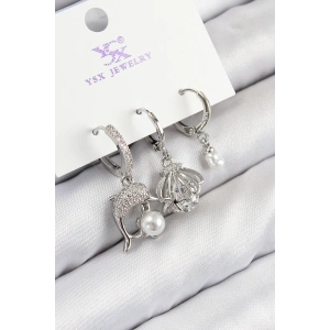 Dodes Dodes Pirinç Zirkon Taşlı 3lü Yunus Balığı Ve İstiridye Model Gümüş Renk Kadın Küpe TG27BKP11127