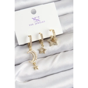 Dodes Dodes Pirinç Zİrkon Taşlı Ay Ve Hilal Model Gold Renk 3lü Kadın Küpe TG27BKP10942