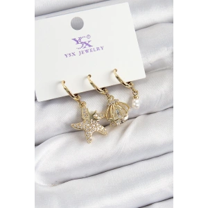 Dodes Dodes Pirinç Zİrkon Taşlı Deniz Yıldızı Ve İstiridye Model Gold Renk 3lü Kadın Küpe TG27BKP10944