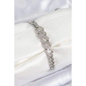 Dodes Dodes Pirinç Zirkon Taşlı Ezme Küba Zincir Model Gümüş Renk Kadın Bileklik TG27BB7550