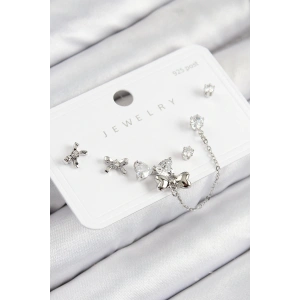 Dodes Dodes Pirinç Zirkon Taşlı Fiyonk Model Gümüş Renk 925 Ayar Gümüş Çivi Kadın Küpe Set TG27BKP11173