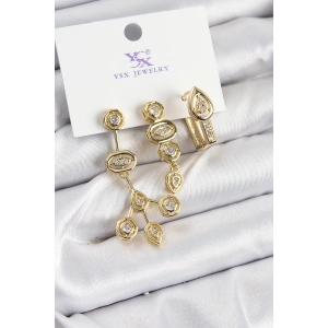 Dodes Dodes Pirinç Zİrkon Taşlı Geometrik Model Gold Renk 3lü Kadın Küpe TG27BKP10937