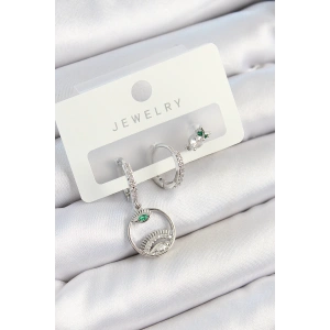 Dodes Dodes Pirinç Zirkon Taşlı Göz Ve Baykuş Model Gümüş Renk 3lü Çift Kadın Küpe Set TG27BKP10795