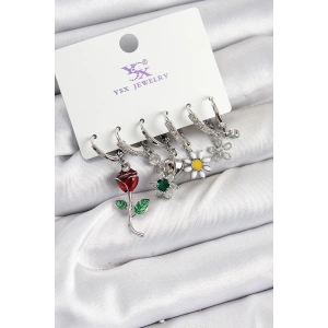 Dodes Dodes Pirinç Zİrkon Taşlı Gül Ve Papatya Model Gümüş Renk 3lü Çift Kadın Küpe TG27BKP10956