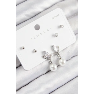 Dodes Dodes Pirinç Zirkon Taşlı İnci Sallantılı Damla Model Gümüş Renk 925 Ayar Gümüş Çivi Kadın Küpe Set TG27BKP11183