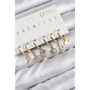 Dodes Dodes Pirinç Zirkon Taşlı İstiridye Balina Ve Yıldız Gold Renk 6lı Küpe Set TG27BKP11203