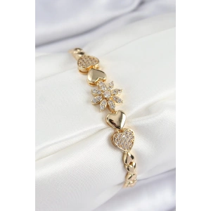 Dodes Dodes Pirinç Zirkon Taşlı Kalp Detaylı Çiçek Model Gold Renk Kadın Bileklik TG27BB7527