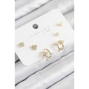 Dodes Dodes Pirinç Zirkon Taşlı Kutup Yıldızı Model Gold Renk 925 Ayar Gümüş Çivi Kadın Küpe Set TG27BKP11168