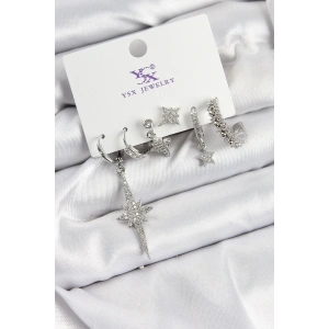 Dodes Dodes Pirinç Zİrkon Taşlı Kutup Yıldızı Model Gümüş Renk 3lü Çift Kadın Küpe TG27BKP10950